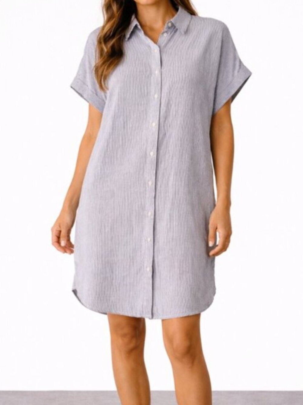 Tahari Blue and White Striped Linen Shirt Dress